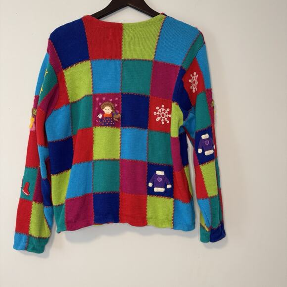 Marisa Christina Christmas Sweater 2000 Women's XL Winter Dolls Colorful Squares - Picture 5 of 11